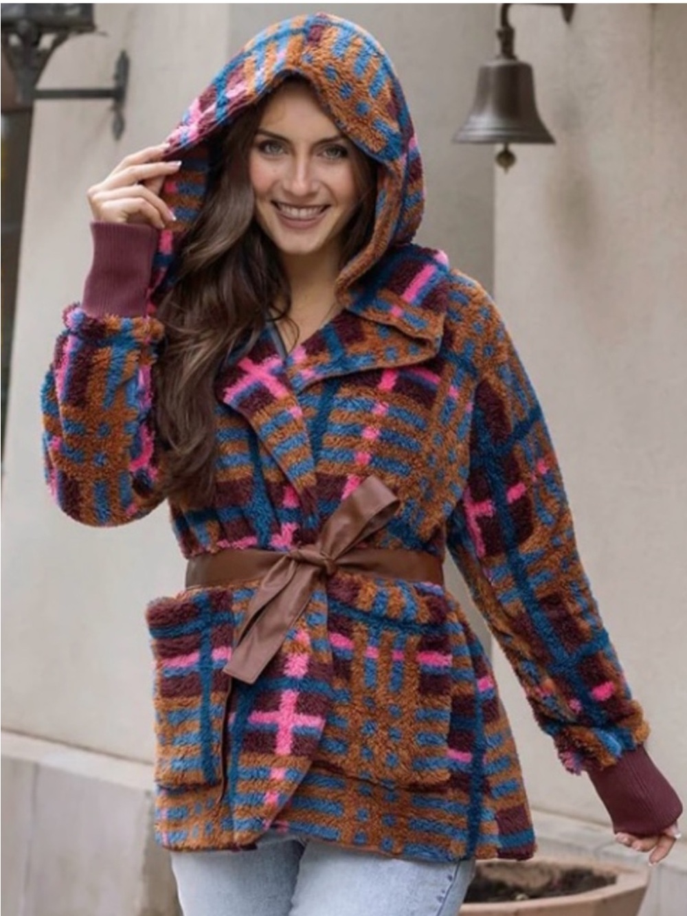 Cozy Fleece Plaid Hooded Belted Jacket
